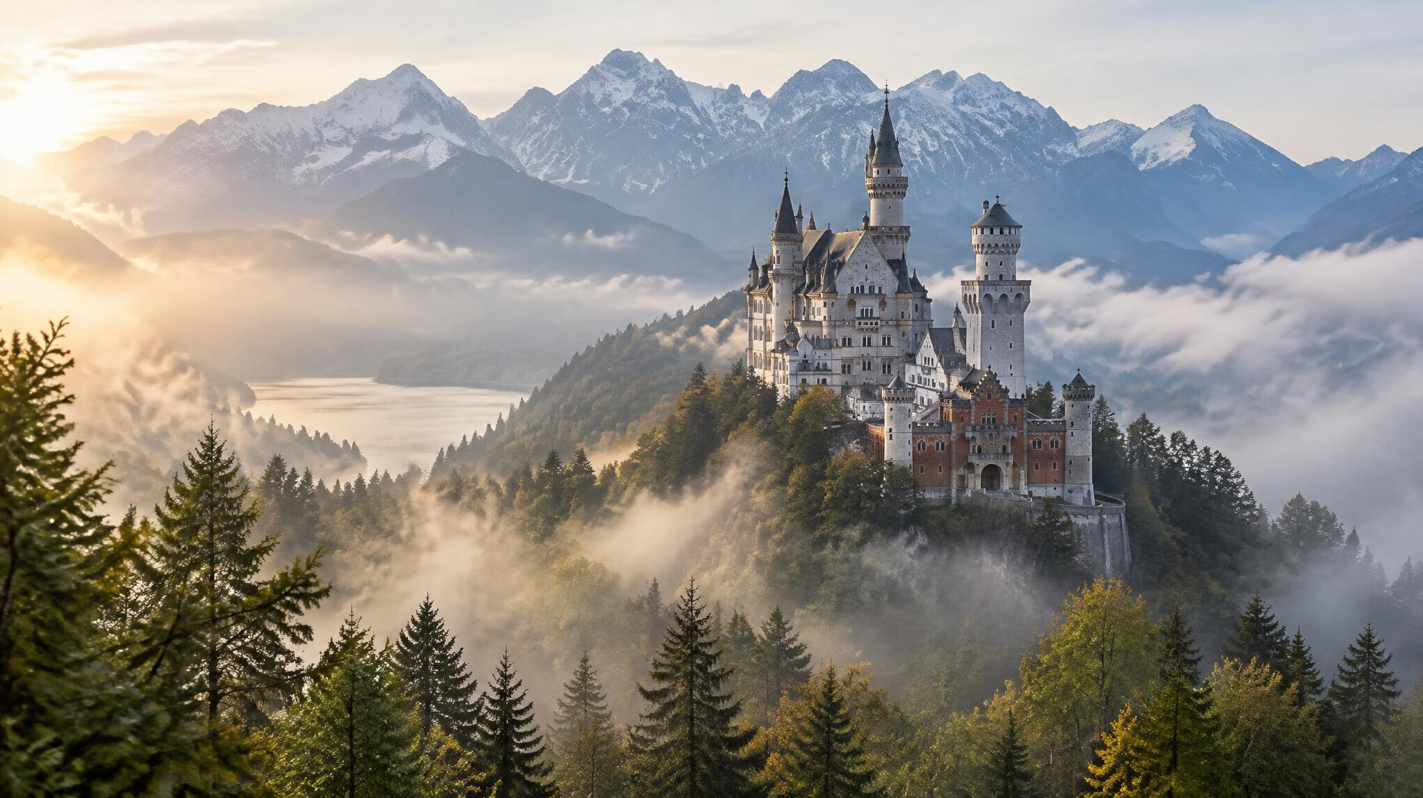 Neuschwanstein Castle viewed through misty forest treetops