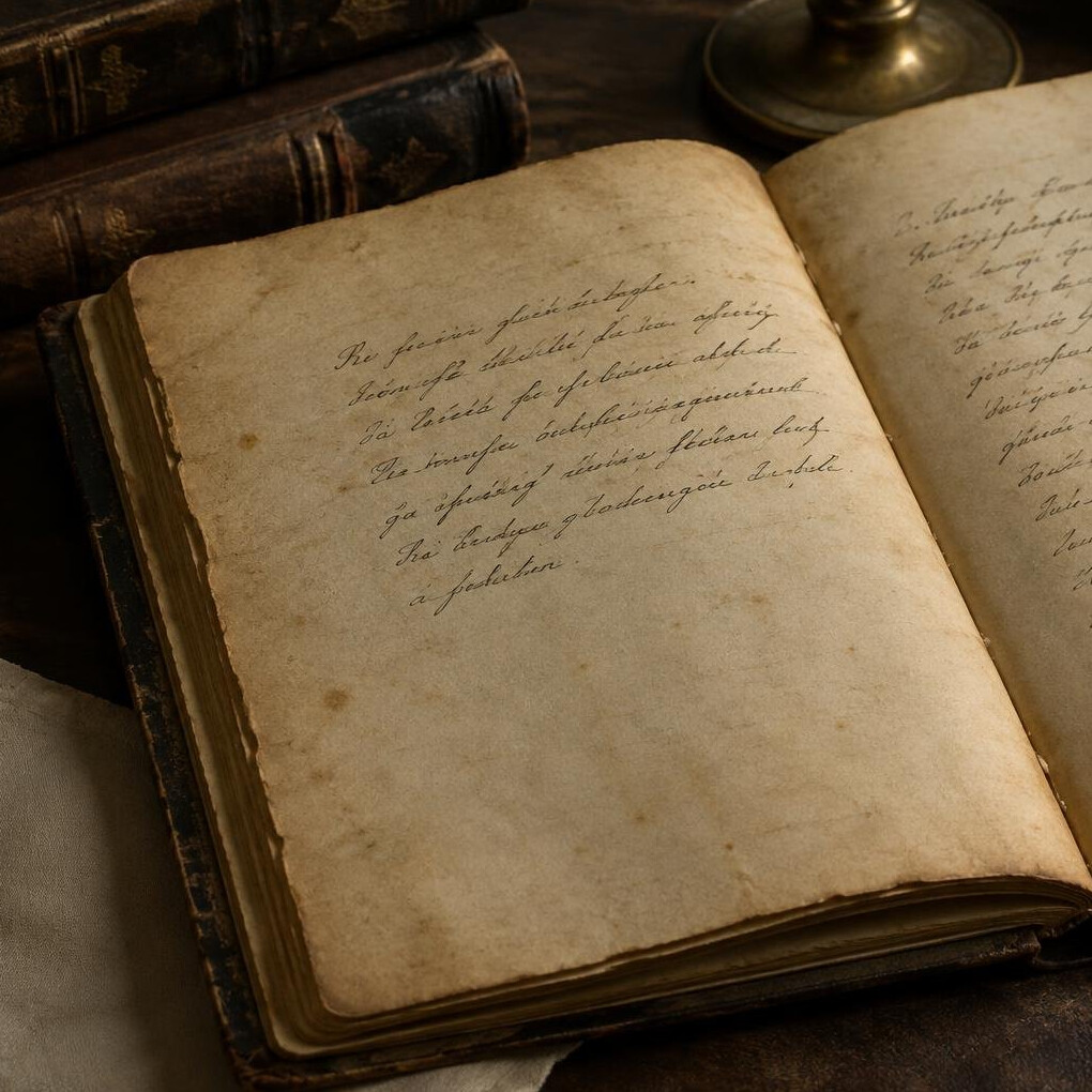 Open antique book with handwritten text on aged pages